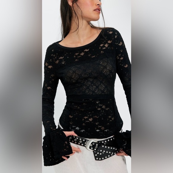 Free People Tops - Free People Black Lace Flared Long Sleeve Top Women's Size Small